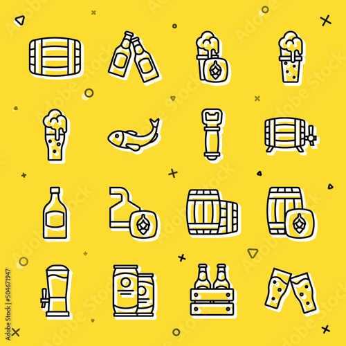 Set line Glass of beer, Wooden barrel, Dried fish, and Bottle opener icon. Vector