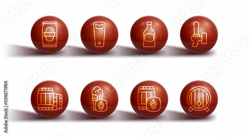 Set line Beer can, Wooden barrel, tap, Glass of beer, Bottle opener, and bottle icon. Vector