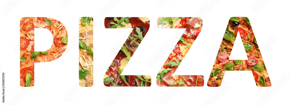 Different tasty pizzas in shape of letters forming word on white background. Banner design Different tasty pizzas in shape of letters forming word on white background. Banner design