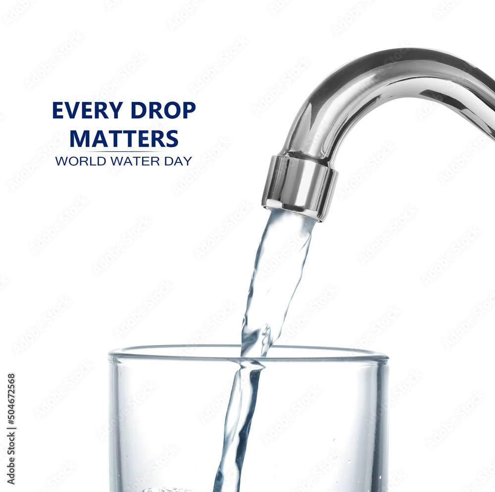 Every drop matters. Filling glass with water from tap on white background Every drop matters. Filling glass with water from tap on white background