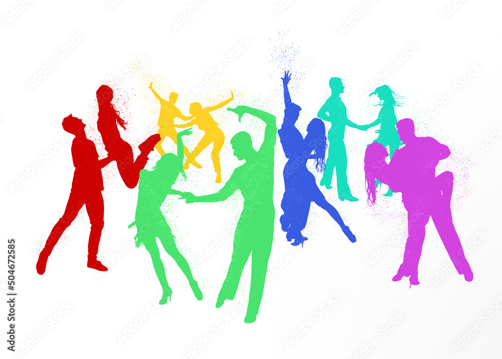 Colorful silhouettes of people dancing on white background. Illustration