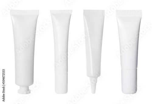 фотографія Set with blank tubes of cosmetic products on white background