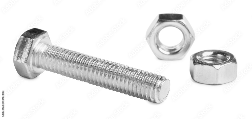 Metal bolt with hex nuts on white background Metal bolt with hex nuts on white background