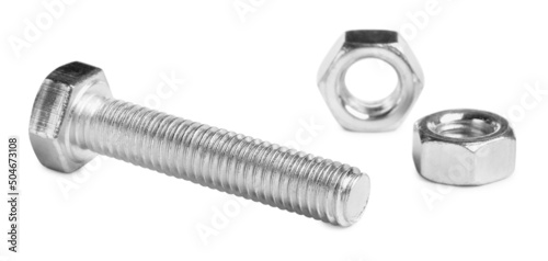 Metal bolt with hex nuts on white background