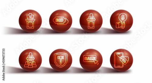 Set line Auction jewelry sale, auctioneer sells, Hand holding paddle, Price tag with Sale, hammer, Bid, Online and icon. Vector