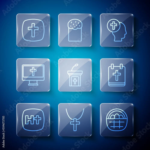 Set line Christian cross, on chain, Basket with easter eggs, Priest, Church sermon tribune, monitor, and Calendar Easter icon. Vector
