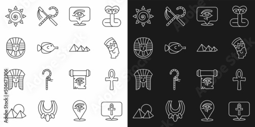 Set line Cross ankh, Nefertiti, Eye of Horus, Butterfly fish, Egyptian pharaoh, Sun and pyramids icon. Vector