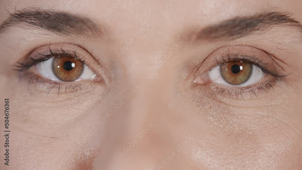 b roll details face caucasian woman with brown eyes long eyelashes looking camera