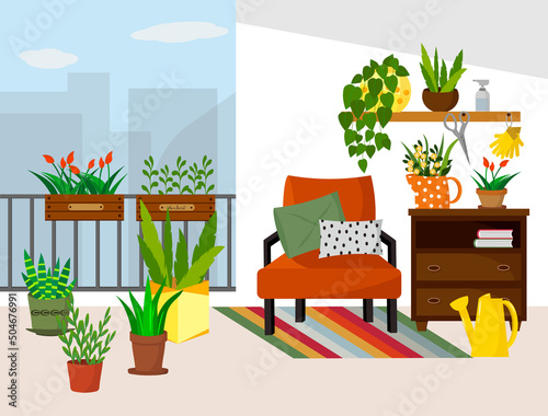 The balcony garden is a place to relax with flowers and seedling boxes. Armchair, nightstand and various flowers. Interior vector illustration. For use in brochures, flyers, advertising illustrations,