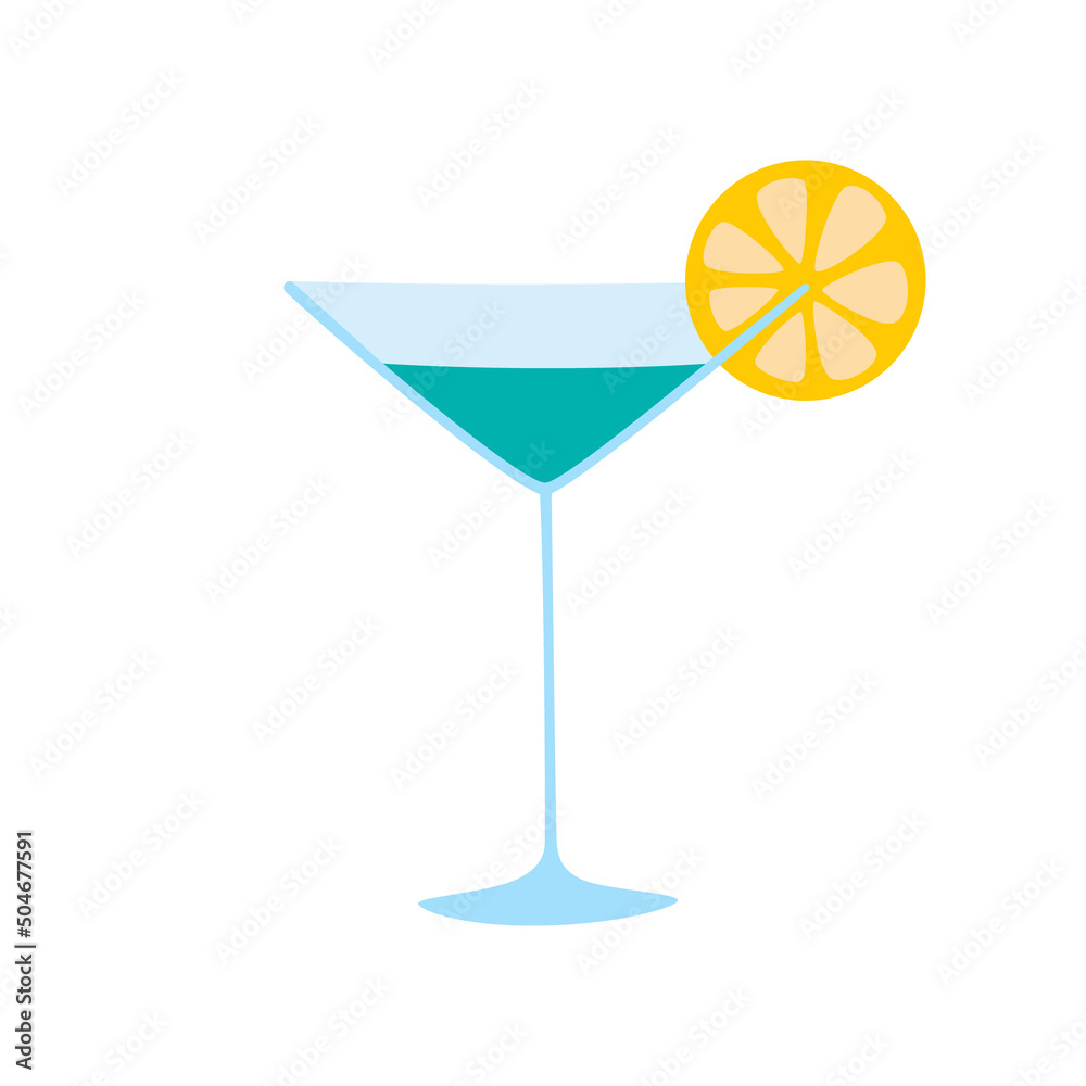 Cocktail with a slice of lemon. Fresh alcohol party, beach, pub, restoraunt or club element, isolated on white background. Flat vector cartoon illustration, clipart.