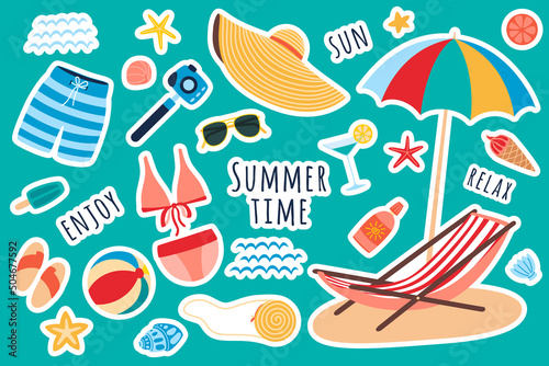 Summer vacation stickers. swimwear, coctails, ice cream, beach umbrella and chair, camera and sunglasses in flat style isolated on white background. Vector illustration, clipart, cartoon.
