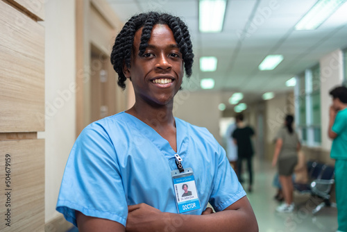 Portrait of  young doctor woman working in a hospital. African American Healthcare Professionals. Portrait Of Smiling Female Doctor  With Stethoscope In Hospital Office.