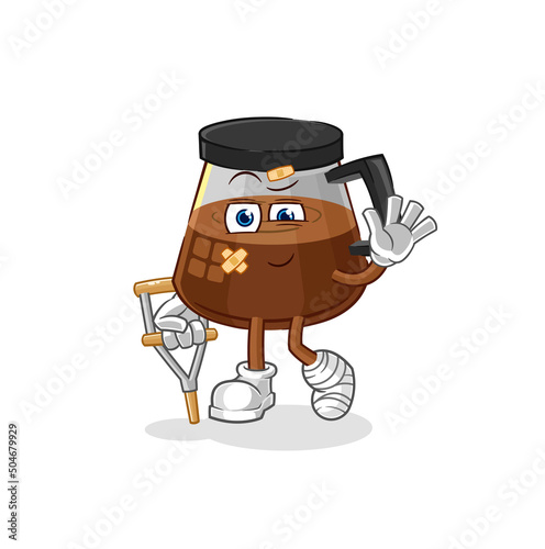 coffee machine sick with limping stick. cartoon mascot vector