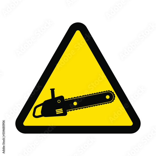 Chainsaw, warning yellow triangular sign isolated on white background, vector illustration