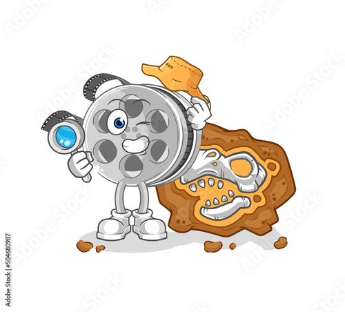 film reel archaeologists with fossils mascot. cartoon vector