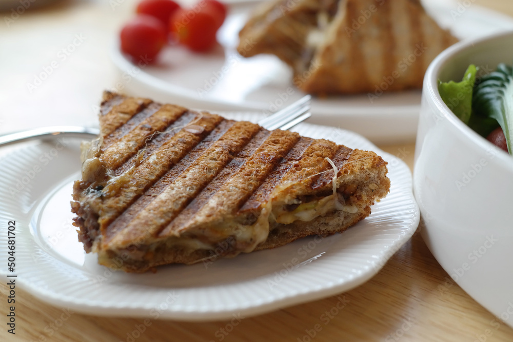 A triangular shaped sandwich is served on a white plate. A triangular shaped sandwich is served on a white plate.