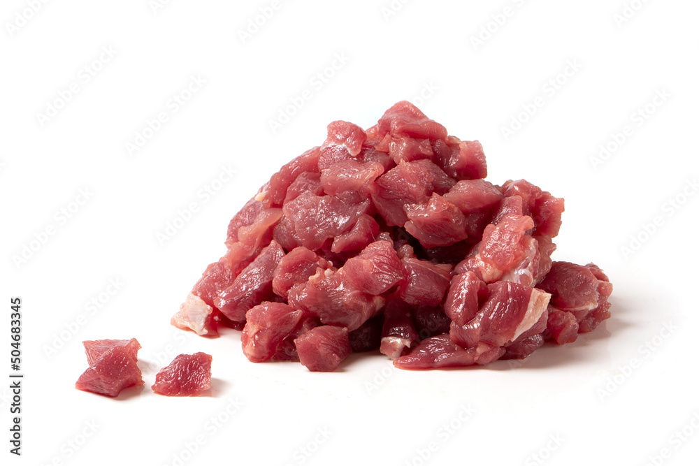 Diced pork or beef meat. Animal feed. Fresh meat for cooking. Diced pork or beef meat. Animal feed. Fresh meat for cooking.