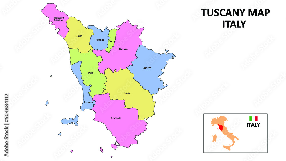 Obraz premium Tuscany Map. District map of Tuscany in District map of Tuscany in color with capital.