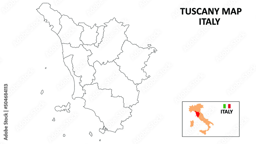 Tuscany Map. State and district map of Tuscany. Political map of Tuscany with outline and black and white design.