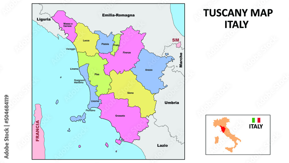 Tuscany Map. State and district map of Tuscany. Political map of