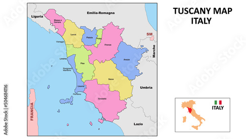 Tuscany Map. State and district map of Tuscany. Political map of Tuscany with neighboring countries and borders.