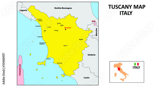 Tuscany Map. State and district map of Tuscany. Political map of Tuscany with the major district