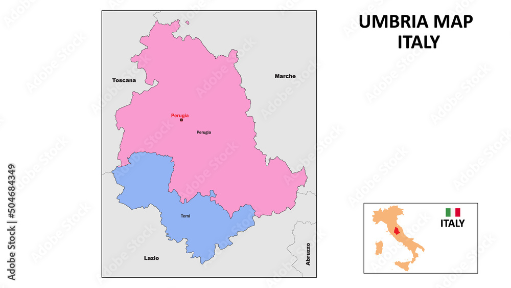 Umbria Map. State and district map of Umbria. Political map of Umbria with neighboring countries and borders.