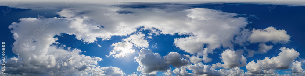 Blue sky panorama with puffy Cumulus clouds. Seamless hdr pano in spherical equirectangular format. Sky dome or zenith for 3D visualization, game and sky replacement for aerial drone 360 panoramas. Blue sky panorama with puffy Cumulus clouds. Seamless hdr pano in spherical equirectangular format. Sky dome or zenith for 3D visualization, game and sky replacement for aerial drone 360 panoramas.