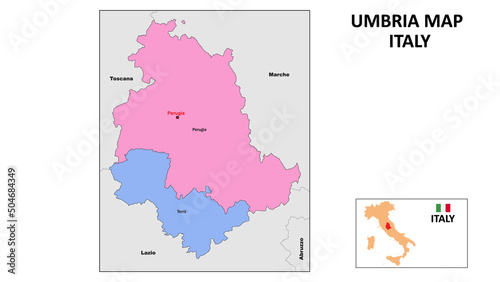 Umbria Map. State and district map of Umbria. Political map of Umbria with neighboring countries and borders.
