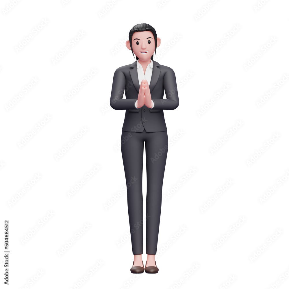 business woman with namaste gesture, 3D render business woman character illustration business woman with namaste gesture, 3D render business woman character illustration