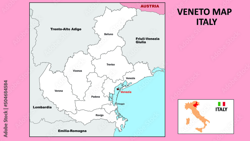 Veneto Map. Political map of Veneto with boundaries in white color.
