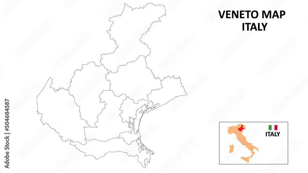 Veneto Map. State and district map of Veneto. Political map of Veneto with outline and black and white design.