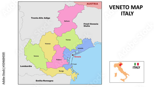 Veneto Map. State and district map of Veneto. Political map of Veneto with neighboring countries and borders.