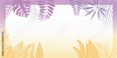Summer Bach sunset concept graphic background. summer background frame decoration with sunset gradation and tropical leaves. Vector illustration.