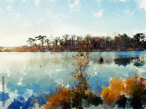 Digital painting of blue lake with pine forest and blue sky background