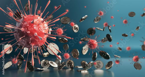 covid 19 corona virus bacteria destroy damage immune system cell destroy lungs. infection severe respiratory spread. fall of economy crisis coins money dollar cash finance investment. 3D Illustration. photo