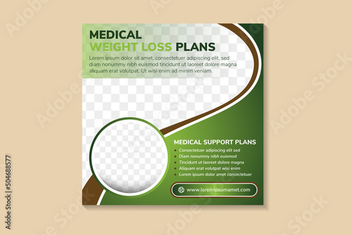 social media banner design with headline is medical weight loss plans. Space of photo collage and text. Advertising banner with square layout. green gradient background and  brown element.