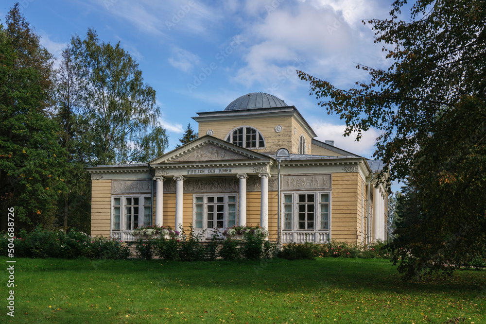 Pink Pavilion (Pavilion of Roses) in the Pavlovsk Palace and Park Complex on a summer sunny morning, St. Petersburg, Russia