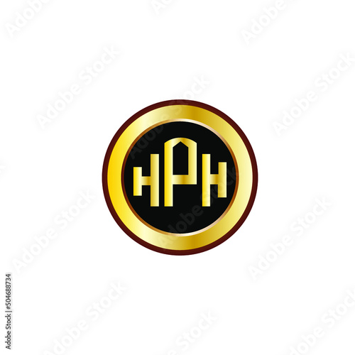 HPH letter circle logo design. HPH letter logo design with black background. HPH creative letter logo with gold colors.
 photo