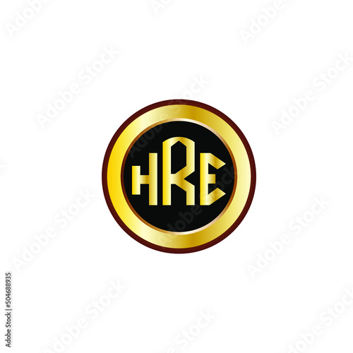 HRE letter circle logo design. HRE letter logo design with black background. HRE creative letter logo with gold colors.
 photo