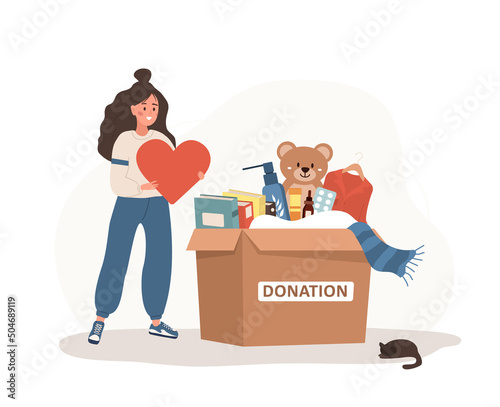 Donation box with clothes, toys, books and medicines. Volunteer woman holding in hands heart. Share your love. Support for poor people and children. Vector illustration in flat cartoon style.