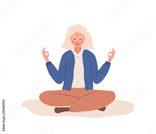 Breath awareness yoga exercise. Elderly woman practicing belly breathing for relaxation. Meditation for body, mind and emotions. Spiritual practice. Abdominal breathing. Cartoon vector illustration.