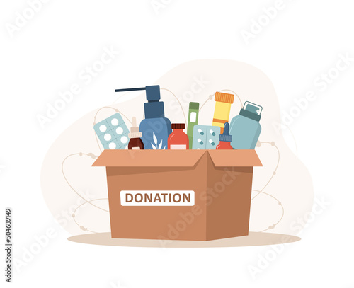 Medicines donation. Cardboard box full of different drugs and vitamins. Volunteering and social care concept. Support for poor people. International charity day. Vector illustration in cartoon style.
