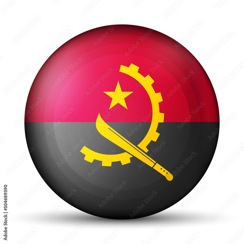 Round icon with flag of Angola. Glass light ball, sticker, sphere. Angolan national symbol. Glossy realistic ball, 3D abstract vector illustration. Template big bubble Round icon with flag of Angola. Glass light ball, sticker, sphere. Angolan national symbol. Glossy realistic ball, 3D abstract vector illustration. Template big bubble