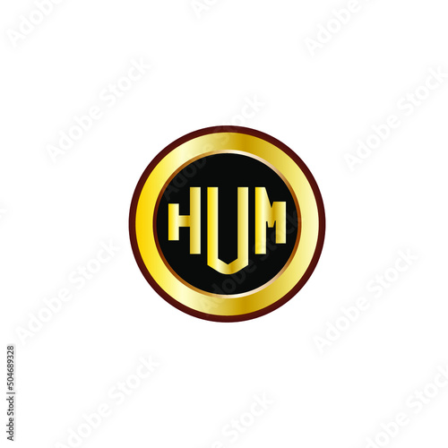 HUM letter circle logo design. HUM letter logo design with black background. HUM creative letter logo with gold colors.
