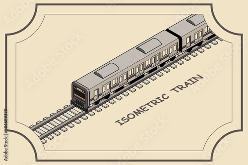 線路の上を走るシンプルな線形アイソメトリックスタイルの電車のフレーム付きイラスト.
