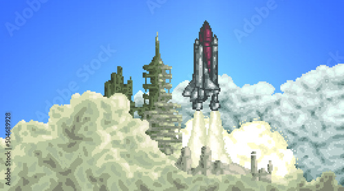 Pixel art style.Space shuttle launch. Rocket launch into space from the spaceport. Space flight. Vintage retro pixelart colorful flat illustration. photo