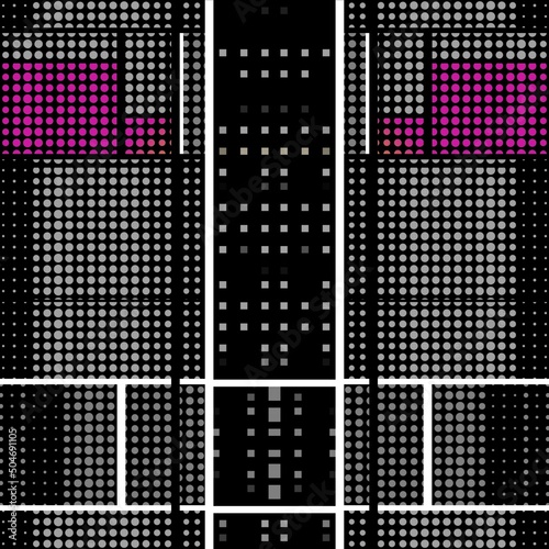 black and white and shades of grey grid dot and spot pattern with purple contrasting portions