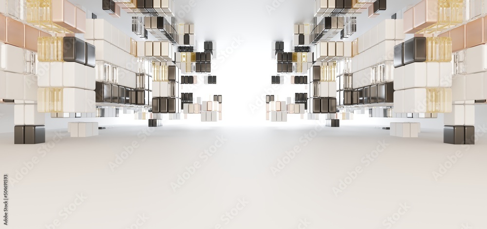 Luxury parametric abstract architectural minimalistic background. Contemporary showroom. Modern colored glass exhibition tunnel. Empty gallery. Backlight. 3D illustration and rendering.