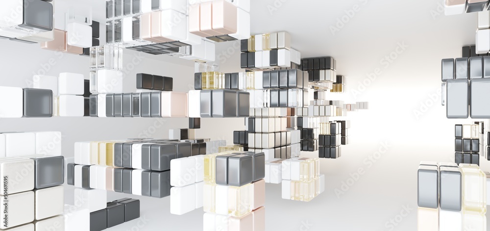 Luxury parametric abstract architectural minimalistic background. Contemporary showroom. Modern colored glass exhibition tunnel. Empty gallery. Backlight. 3D illustration and rendering.